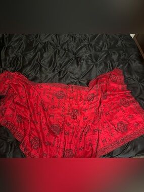 CHANEL Red and Black Logo Camellia Scarf